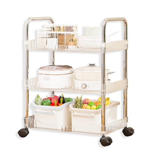 Trotianingyu 3 Tier Rolling Storage Cart, Acrylic Bathroom Cart Organizer Kitchen Organizer Utility Cart Mobile Shelving Unit Multi-Functional Shelves for Office, Kitchen, Living Room -Clear