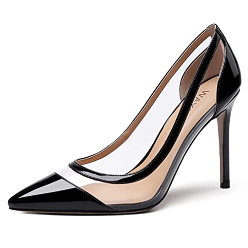WAYDERNS Women's Pointed Toe Clear Patent Leather Transparent Slip On Stiletto High Heel Pumps Shoes 4 Inch