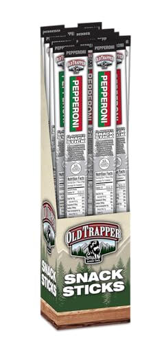 Image of Old Trapper Pepperoni Sticks, 1.2-Ounce Individually Wrapped Packages, Natural Wood Smoked Meat Snacks, 11 Grams of Protein per Serving (Pack of 24)