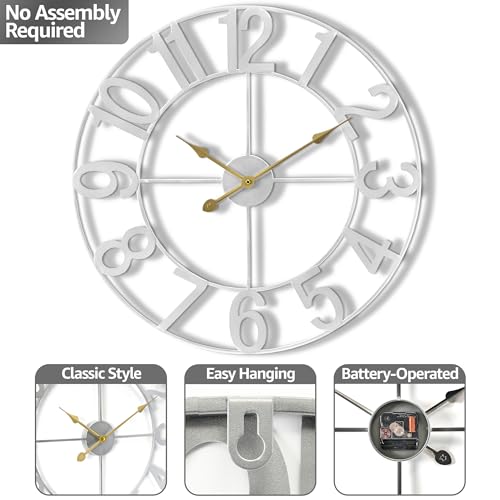Sorbus Large Wall Clock for Living Room Decor - Wall Clock for Kitchen - 24 inch Big Wall Clock Decorative - Metal Wall Art - Analog Large Clock for Bedroom, Home, Kitchen, Office, Wall Decor (Silver) — view 4