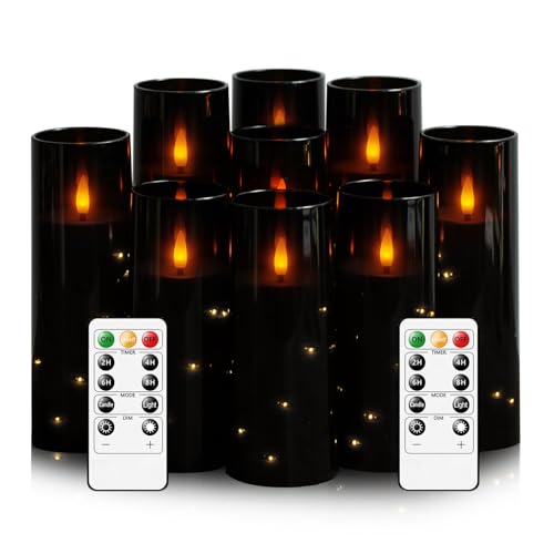 kakoya Flameless LED Candles with Timer 9 Pc Flickering Flameless Candles for Romantic Ambiance and Home Decoration Stable Acrylic Shell,with Embedded Star String,Battery Operated Candles（Black）