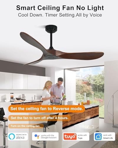Ombrin 52 Inch Outdoor Ceiling Fans without Lights, Smart Wood Ceiling Fan no Light with Remote Control Alexa Compatible, Outdoor Fan for Patios 3 Blades High CFM Ceiling Fans Dark Red Walnut - 2