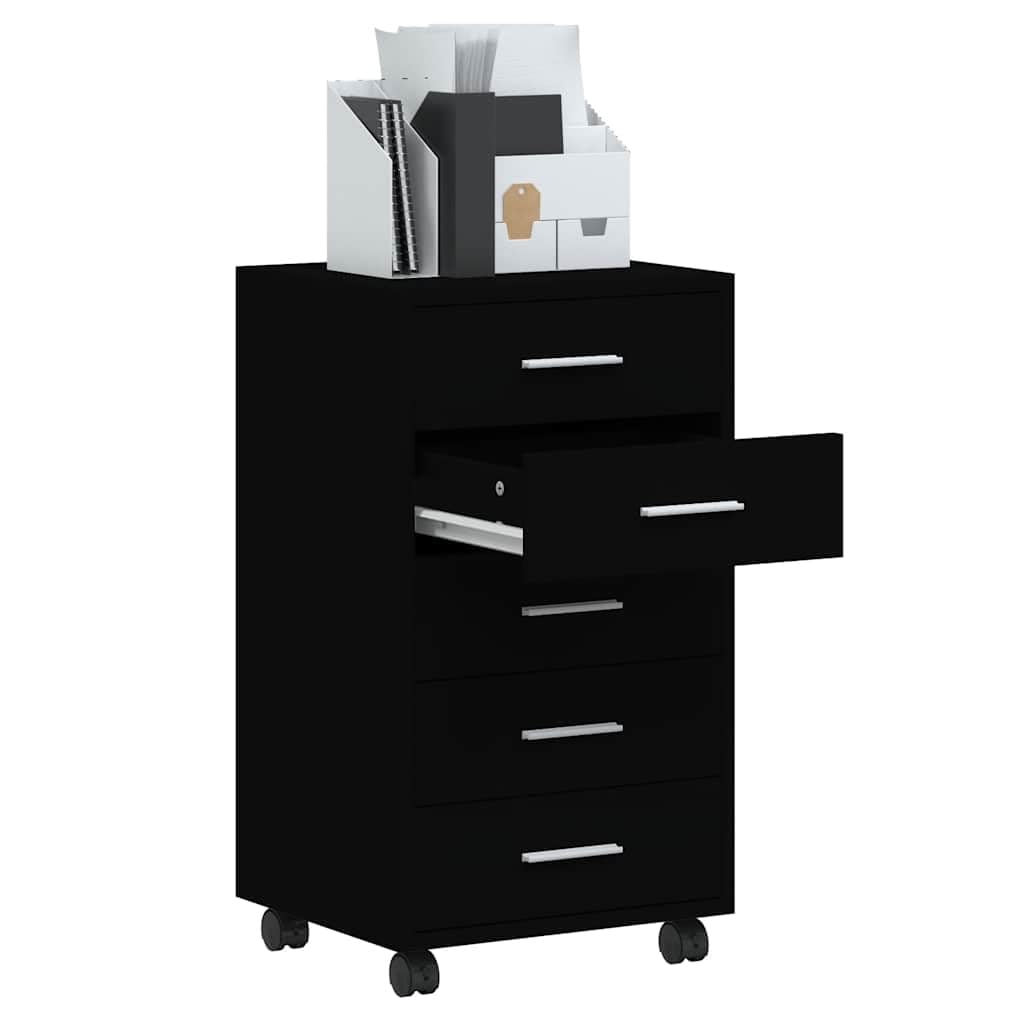 Cassettiera a rotelle nera, 33 x 38 x 63 cm, in legno, alluminio, 5 cassetti, flessibile, ufficio, studio, balcone, cameretta dei bambini