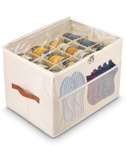 Goxiry Organisateur de chaussures peu encombrant avec couvercle transparent - Boîte à chaussures à 12 compartiments avec poche en filet et poignée de transport - Pour chaussettes, chaussures, baskets