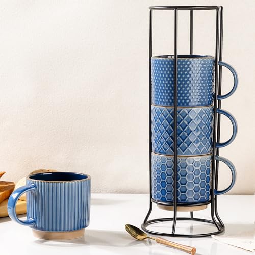 GBhome 12oz Stackable Coffee Mugs with Stand, Ceramic Coffee Cups Set of 4