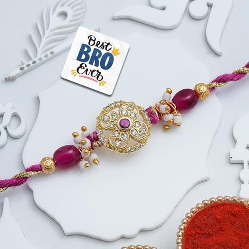 Image of eCraftIndia Beautiful Flower Rakhi for Brother Bhaiya Bhai with Best Bro Ever Fridge Magnet | Roli Chawal Pack