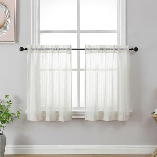 OWENIE Natural Striped Kitchen Curtains - Short Semi Sheer Cafe Curtains Tier 36 Inch Length 2 Panels Set, Light Filtering Textured Airy Modern Drapes for Bathroom Bedroom Small Window, 30" Wx36 L