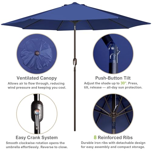 Image of Blissun 10FT Patio Umbrella, Outdoor Table Umbrella, Yard Umbrella, Market Umbrella with 8 Sturdy Ribs, Push Button Tilt and Crank, Navy Blue