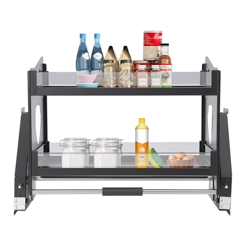 DreamRcoach 29 Inch Pull Down Cabinet Organizer, 2-Tier Pull-Down Shelf, Drop Down Sliding Storage Shelf, Spice Rack Organizer, Wall Mounted Pull Out Organizer for Kitchens, Bars, Coffee Cabinets