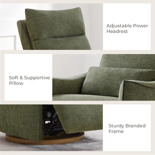Image of CHITA Power Swivel Glider Recliner Chair, Nursery Glider, Moss Green | Nursery Rocking Chair with Adjustable Power Headrest, FSC Certified Solid Wood Base, for Bedroom, Living Room