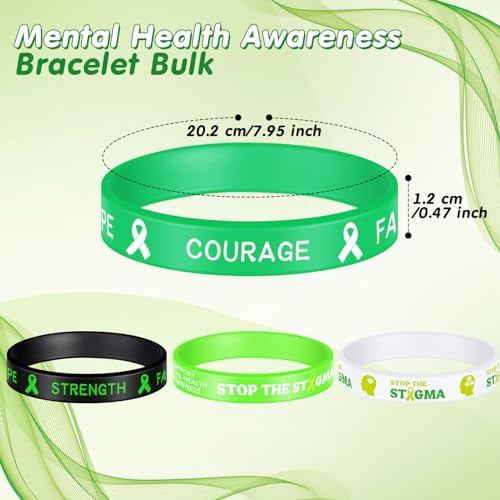 Leyndo Bulk Mental Health Awareness Bracelet Green Awareness Ribbon Silicone Bracelets with Inspirational Saying Disease Wristbands Hope Strength Faith Courage2