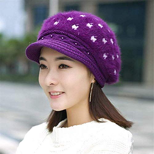 Béret en tricot épais chaud et mignon avec visière souple pour femme