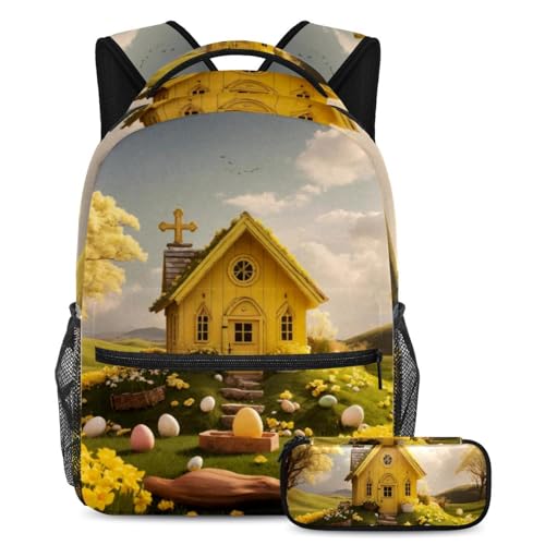 Sac à dos grande capacité et trousse jaune Maison de Pâques pour collège et lycée