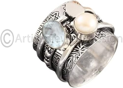 Miniatura 2 de Natural Pearl Silver Ring, Handmade Spinner Jewelry, Blue Topaz Fidget Ring, Chunky Statement Ring, Boho Ring for Women, Gift for Her