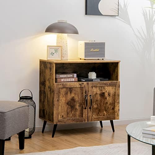 COSTWAY Industrial Storage Cabinet, Floor Standing Wooden Sideboard, Accent Side Cabinet Display Cupboard Organiser Unit for Living Room, Bedroom, Dining Room and Hallway (Double Door+Open Shelf)