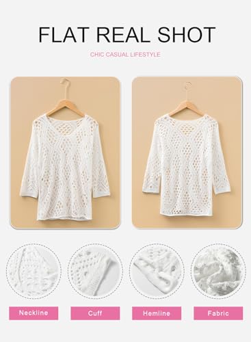 SHEWIN Womens Tops Crochet Pullover Sweater Shirts Sexy See Through Hollow Out Mesh Cover Ups Summer White Small