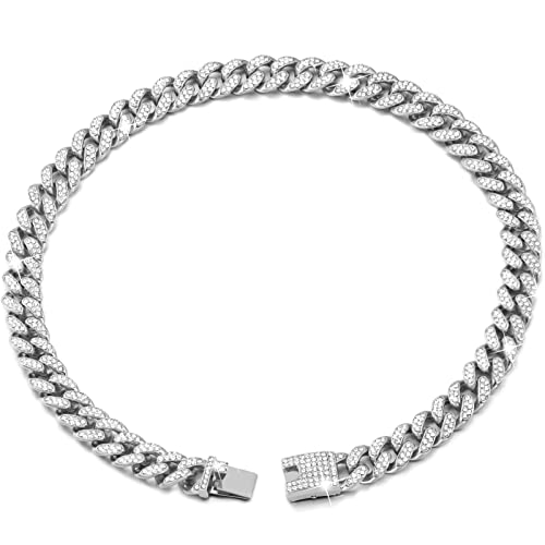 Image of Cuban Link Dog Collar Gold Silver Color Metal Dog Chain Collar Cuban Diamond Chain Pet Collars for Dogs Cats Jewelry 8 /10 /14 /16 /18 /20 /24 /28 Inch (22inch, Silver)