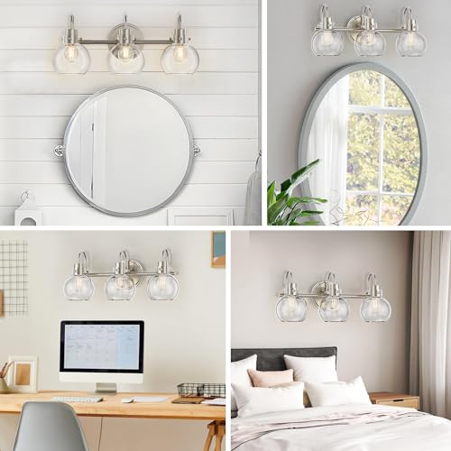 Image of 3 Lights Vanity Light, Brushed Nickel Bathroom Light Fixtures, Farmhouse Wall Sconces with Globe Clear Glass Shade, Porch Wall Mount Lamp for Mirror, Kitchen, Porch, Living Room, Workshop (E26 Base)