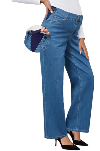 OUGES Womens Stretchy Maternity Jeans Loose Fit Straight Leg High Waist Denim Wide Leg Business Casual Work Pants Pregnancy Must Haves Mom Jeans Trendy Maternity Clothes with Pockets(Medium Blue,M)