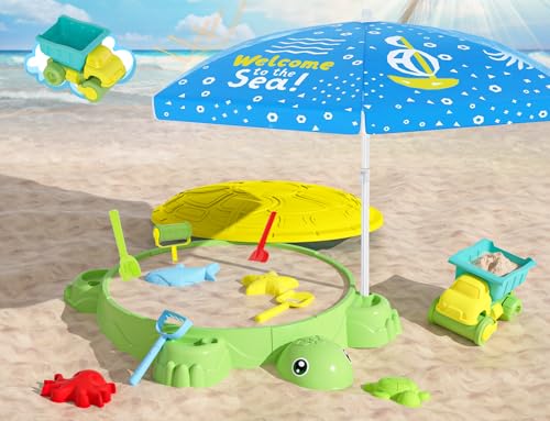 Upgraded Kids Turtle Sandbox with Lid & Adjustable Umbrella, Truck Toy & 8pcs Sand Shovels, Sand Box with Cover, Beach Toys for Toddlers 3-5, Plastic Indoor Outdoor Play Toys Gift for Girls Boys
