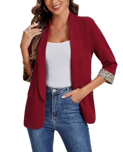 MINTLIMIT Women Leopard Print 3/4 Sleeve Blazers Open Front Shawl Collar with Flap Pockets Casual Business Office Jackets