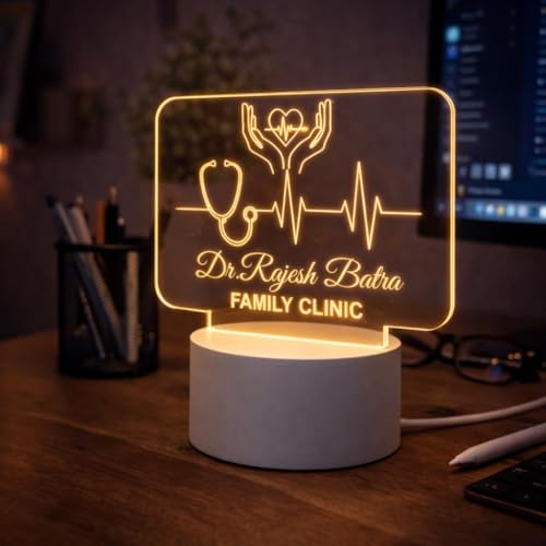 Image of Doctor Themed 3D Illusion LED Night Lamp - Personalized Medical Professional Name Lamp - Warm White USB Powered Acrylic Table Light - Gift for Doctors, Nurses, Healthcare Workers (Dr Lamp 6)