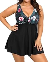 Daci Plus Size Swim Dress Two Piece Tankini Swimsuits for Women Flowy Bathing Suits with Boyshort, Floral and Black, 20 Plus