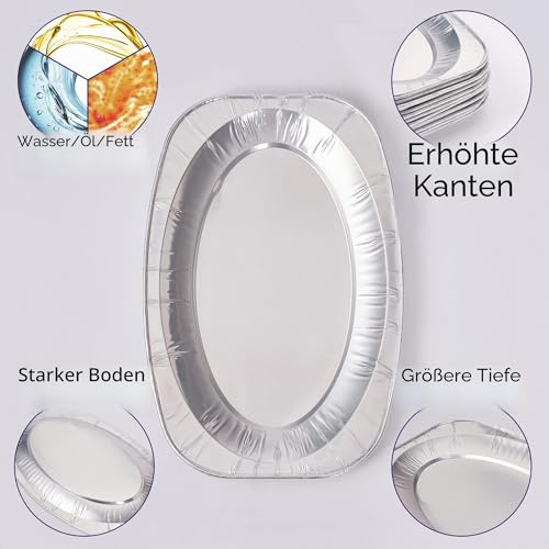 Foto von MATANA 20 Große Alu Servierplatten, 35x26cm – Einweg- & Mehrweg Serviertablett mit Hohem Rand & Extra Tiefe – Ofen- & Gefrierschrankgeeignete Buffetplatten für Partys, Weihnachten, Catering