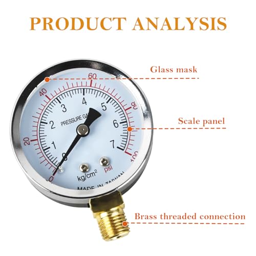 Vakuummeter BSP 1/4, 60mm Well Pump Manometer, 0-7 Bar 0~100 Psi mit 2-Stück Buchse 1/4 zu 3/8, 1/4 zu 1/2, ein Teflonband, für Luft, Wasser, Öl, Luft und andere Materialien