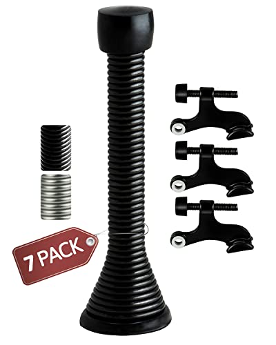 Jack N’ Drill (3 ⅛) Spring Door Stop (7 Pack) w/ 3X Hinge Pin Door Stops | Flexi Heavy Duty Black Door Stop for Home, Office - Rustproof, Bendable Spring Steel & Durable Rubber Tips