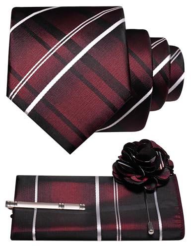 JEMYGINS Mens Necktie Burgundy Striped Tie and Pocket Square Hankerchief with Tie Clip Lapel Pin Set 4PCS(2)