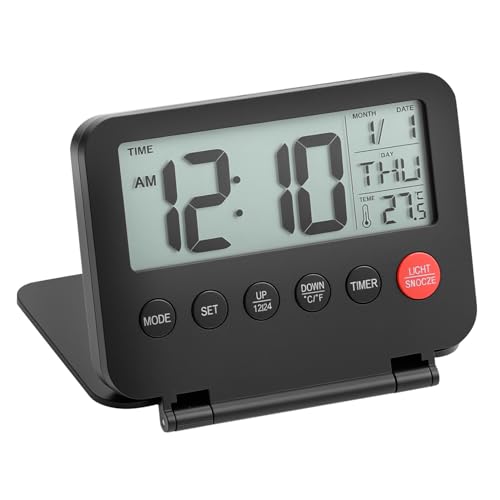 QWORK® Digitaler Reisewecker, Klein Reisewecker mit Kalender, Temperaturanzeige, Schlummerfunktion, Batteriebetrieben, Keine Batterien Enthalten