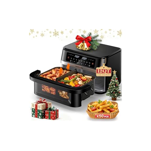 HoninJoy 12QT Large Dual Basket Air Fryer with Flex Basket, Viewing Window and 50PCS Paper Liners, 12-in-1 Family Size with Sync & Dual & Light, Double Zone for Bake, Roast, Reheat, Dishwasher Safe