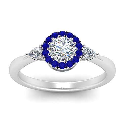 Image of Sterling Silver Sapphire & CZ Diamond Halo Engagement Ring with Pear Accent, Round Shape, Wedding & Everyday Jewelry for Women, US Sizes 4-12