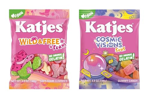 Katjes Vegan Wild & Cosmic Gummy Candy Variety Pack – 4.9oz Bags, 3 Pack Each – Plant-Based, Gelatin-Free, No Red 40, No High Fructose Corn Syrup or Palm Oil – Fun Shapes & Fruity Flavors for Kids & A