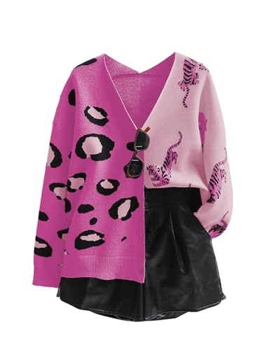 Image of WDIRARA Women's Leopard Tiger Print Cardigan V Neck Long Sleeve Color Block Button Down Sweater Outwear
