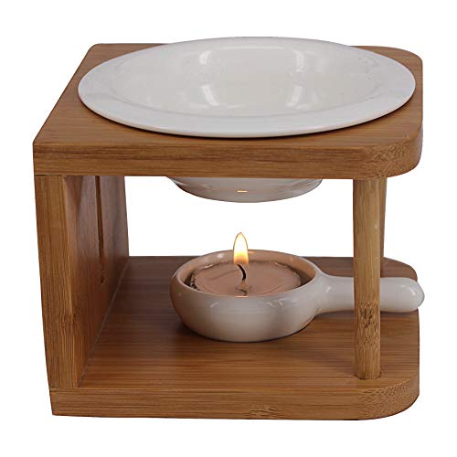 [Upgraded] Singeek 100ML Ceramic Essential Oil Burner,Wax Melt Warmer with Tea Light Holder,Cool Home Fragrance Diffuser for Spa Yoga Meditation (Bamboo Wood)