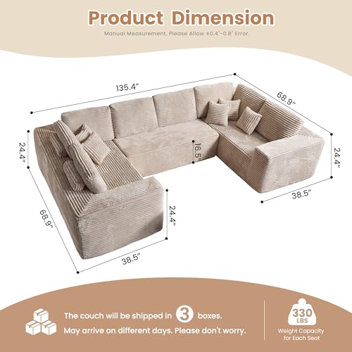 Image of HOOOWOOO Cloud Sectional Couches for Living Room,Modular Sectional Sofa No Assembly,136X70 Inch Plush Corduroy Large U Shaped Floor Couch Set with Deep Seat(Beige)