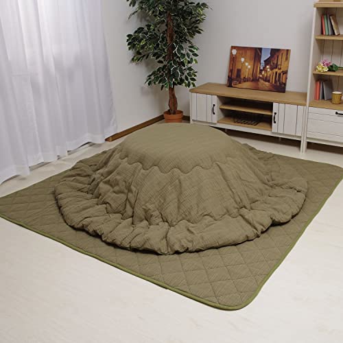 先染めつむぎ織 こたつ布団 円形 掛け敷きセット 205cm丸 グリーン こたつ掛け布団+こたつ敷き布団 セット