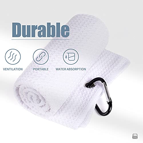 Mile High Life Tri-fold Golf Towel | 16" X 24" | Premium Microfiber Fabric | Waffle Pattern | with Heavy Duty Carabiner Clip | for Men and Women (White)