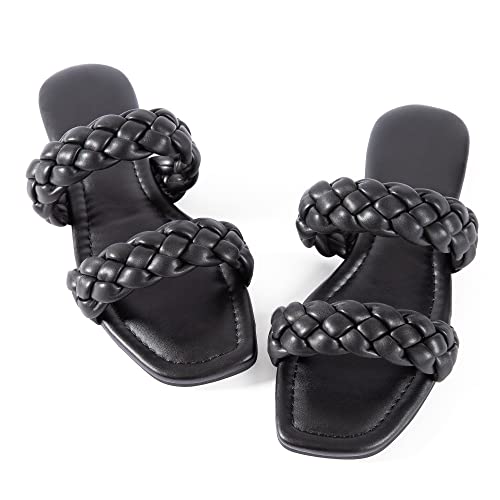 Image of Mtzyoa Women Flat Sandals Raffia Braided Summer Straw Dressy Casual Vacation Bohemian Cute Beach Comfy Slip On Slides