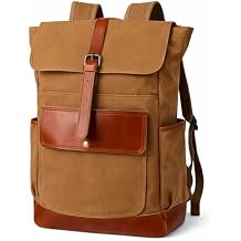 Heavy-Duty Wax Canvas with Top Layer Cowhide Retro Backpack Suitable for Men and WomenS Leisure/Hiking/Traveling/College Canvas Backpack8431-Khaki