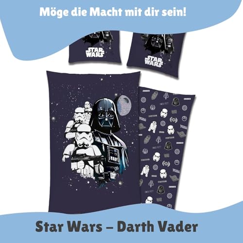 Familando Star Wars Bettwäsche Set (2-teilig) – Decken- & Kissenbezug 135x200 cm & 80x80 cm mit Reißverschluss - 100% Baumwolle Renforcé - mit Wendeseite – Darth Vader, Yoda, Chewbacca, R2-D2 Design