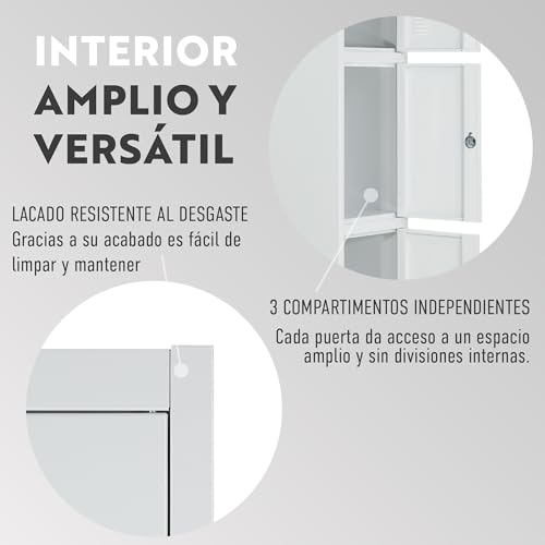 BRINDEK Taquilla Vestuario metálica 3 Puertas Blanca RAL 9016-185x38x45 cm con Cerradura - Incluye Llave | Armario metálico Estrecho para Garaje, Oficina, Gimnasio, Vestuario, Locker Individual - imagen 4