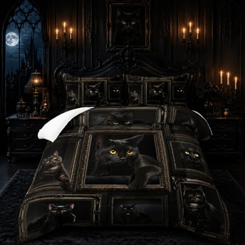 Tuzaovy Black Cat Comforter Set for Girls - Kawaii Twin Size Bedding for Teens, Cute Room Decor