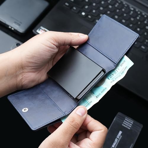 Image of The Wallet Store Maverick RFID Protected Minimalist Wallet, Pop-Up Cardholder, Scan-Proof Aluminium Case, Holds 8 Credit /Debit Cards, Slim Men's Wallet (Blue-D)