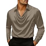 Cambkatl Men's Cowl Neck Satin Dress Shirt - Loose Long Sleeve Lapel Stylish Button Business Casual Shirts