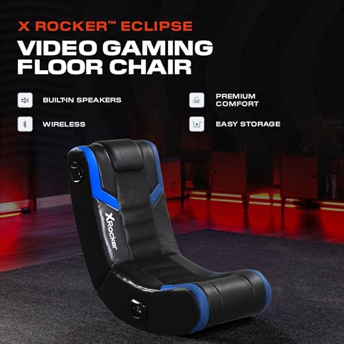 X Rocker Eclipse Video Gaming Floor Chair with Built-In Headrest Speakers, Wireless Bluetooth, Foldable, Vegan Leather, 275 lbs Max, Amazon Exclusive, Black and Blue - Thumbnail 7