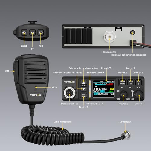 Retevis MB63B CB Radio avec Antenne, NRC Réduit Le Bruit CB Portable, écran Couleur TFT 1,77 Pouce, AM/FM, 12/24 V, Gain RF/MIC, VOX, 40 Canaux, Radio CB Longue Portée pour Camion (1 Unité, Noir) – vue 8