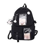 Eagerrich Cute Backpack with Cute Pin Accessories Plush Pendant for School Bag Student Girl Backpack Super-Capacity Waterproof Travel Backpack(Black)